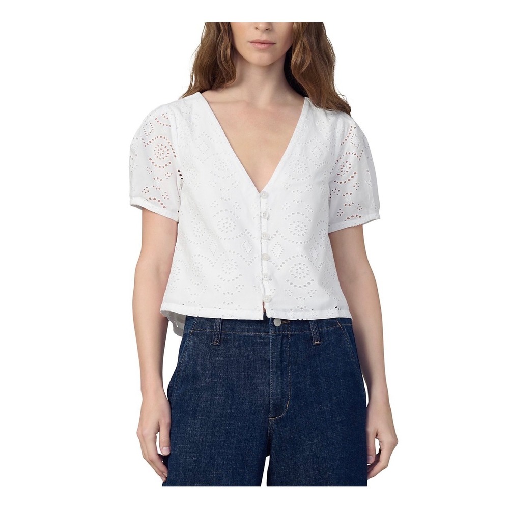 Joes Jeans The‎ Halle Short Sleeve Eyelet Blouse White Cotton V-Neck Medium
